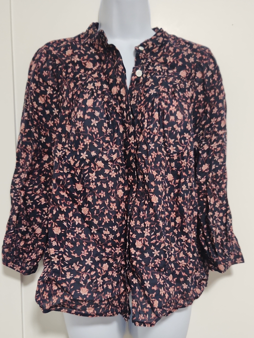Frame Denim Anita Navy Button Down Blouse with Pink Floral Print